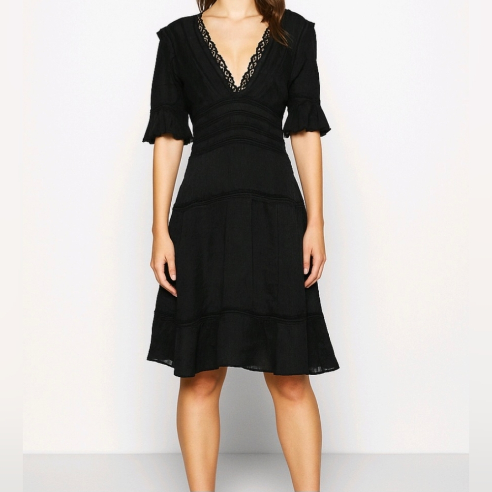 FENDI Dress Black Pleated Silk V Neck Ruffle 3/4 Sleeves RARE Italy Size 44 (8)